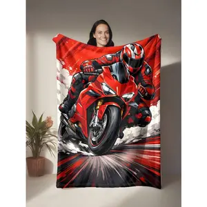 Red Heavy Motorcycle Racing-Themed Flannel Blanket with Bold Red and Black Design Soft Comfortable for Summer Sofa Throw Nap or Bedding Decoration