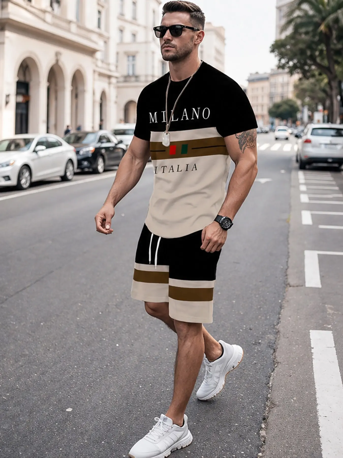 New High-Quality Letter Colorblock Stripes Print Men's Summer Casual Fashion Athletic T-Shirt and Shorts Two-Piece Set, Comfortable and Stylish