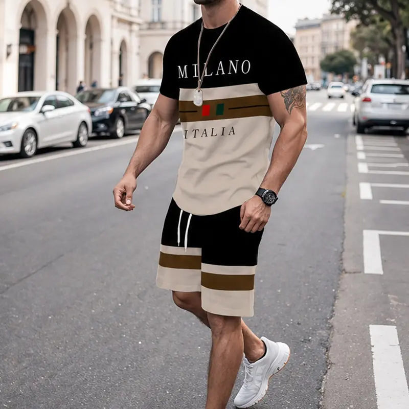 New High-Quality Letter Colorblock Stripes Print Men's Summer Casual Fashion Athletic T-Shirt and Shorts Two-Piece Set, Comfortable and Stylish, Streetwear Set