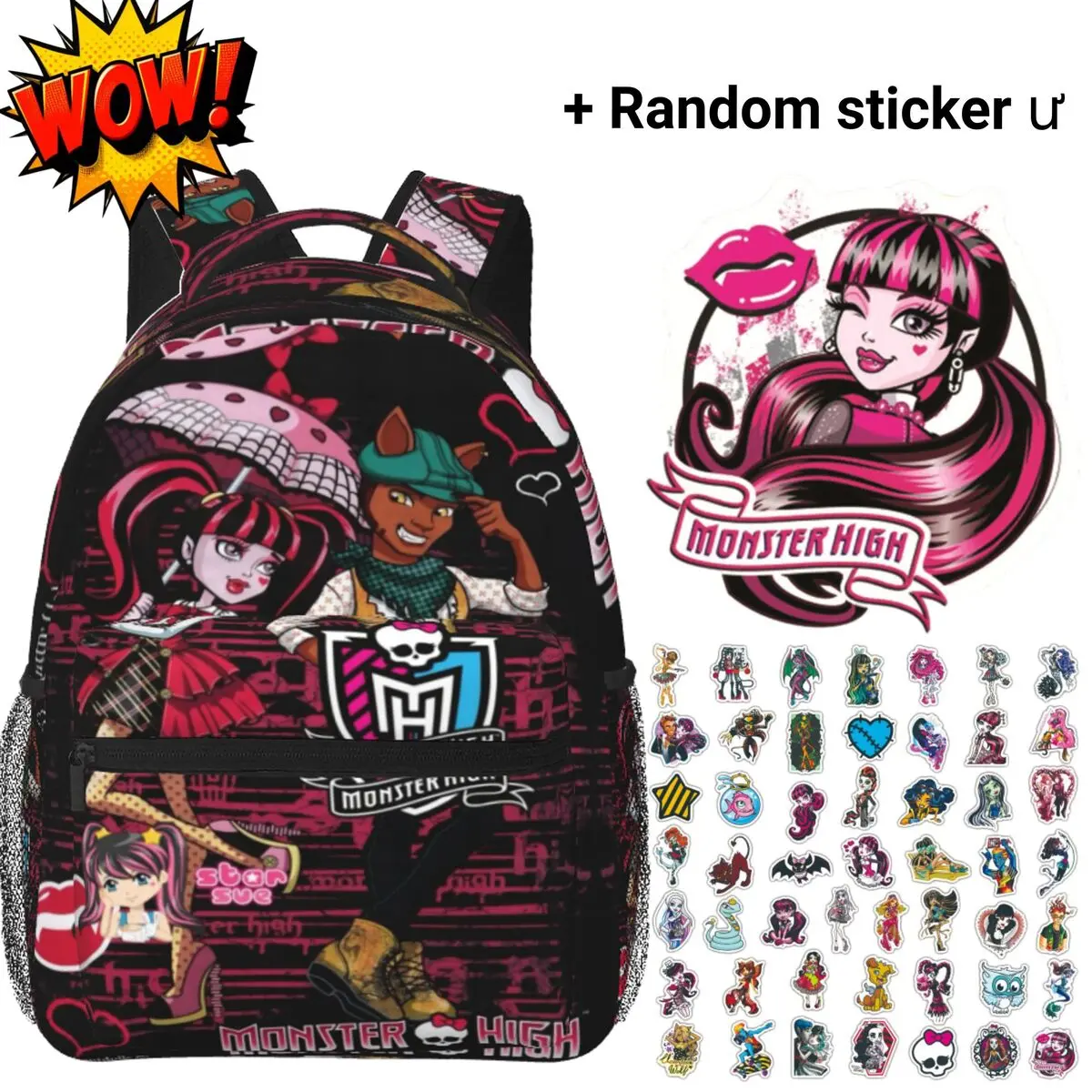 Monster High Backpacks for School Draculaura & Clawd Wolf Street Graffiti Print, Large Capacity Black Red Goth Monster High Laptop Daypack for Campus Daily Commute, Cartoon Monster High School Bag Gift for Teens Students Fans