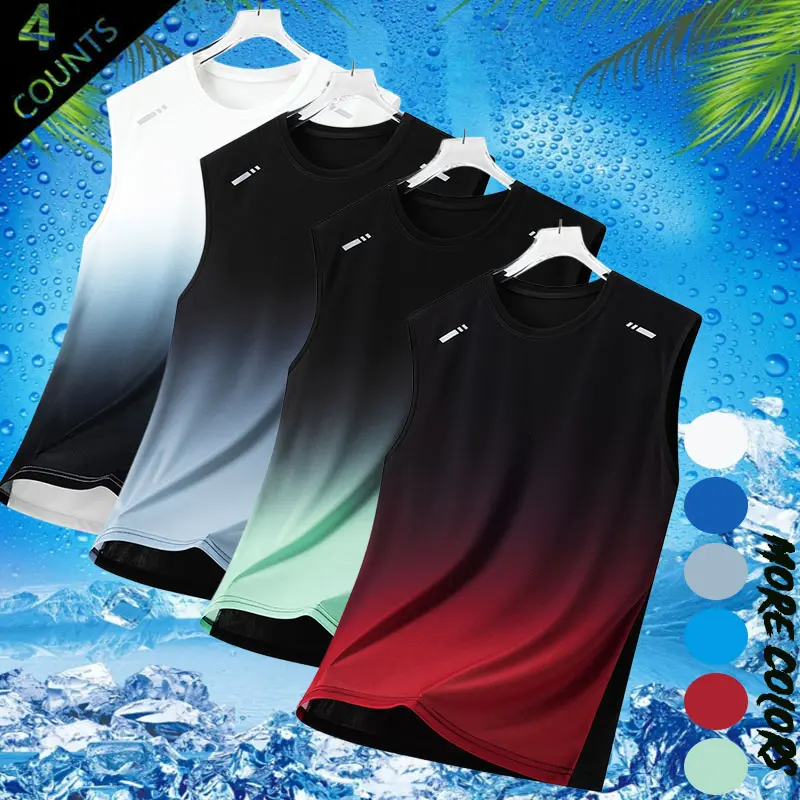New Summer Ice Silk Gradient Sleeveless Men's Vest Tank Top Faux Two-Piece Design Crew Neck Loose Fit Plus Size High Stretch Quick-Drying Breathable Cool Feel Skin-Friendly Tropical Menswear summervibes