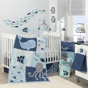 Lambs & Ivy Oceania Blue/Gray/White Whale with Octopus and Fish Nautical Ocean 6-Piece Nursery Baby Crib Bedding Set