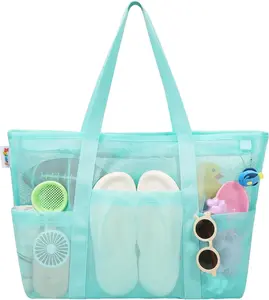Mesh Beach Bag with Zipper Large Beach Tote Waterproof Sandproof with 8 Pockets for  Pool Bag Beach Accessories