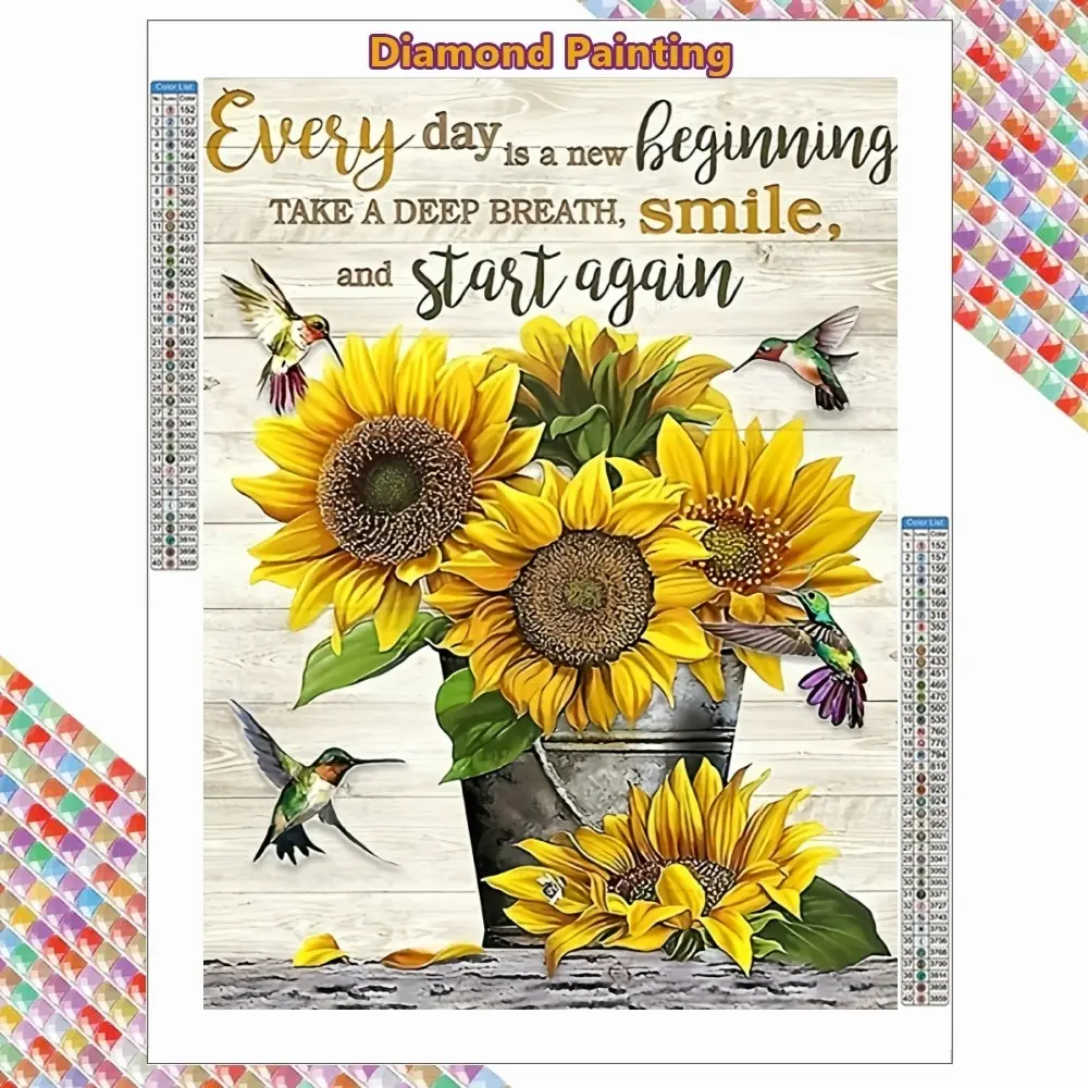 5D Full Drill Diamond Painting Kit Sunflower Decor with Hummingbirds & Inspirational Quote, Rustic Wood Farmhouse Wall Art, DIY Mosaic Craft, Handicraft, Ideal for Kitchen, Living Room & Home Wall Decor, DIY Diamond Arts