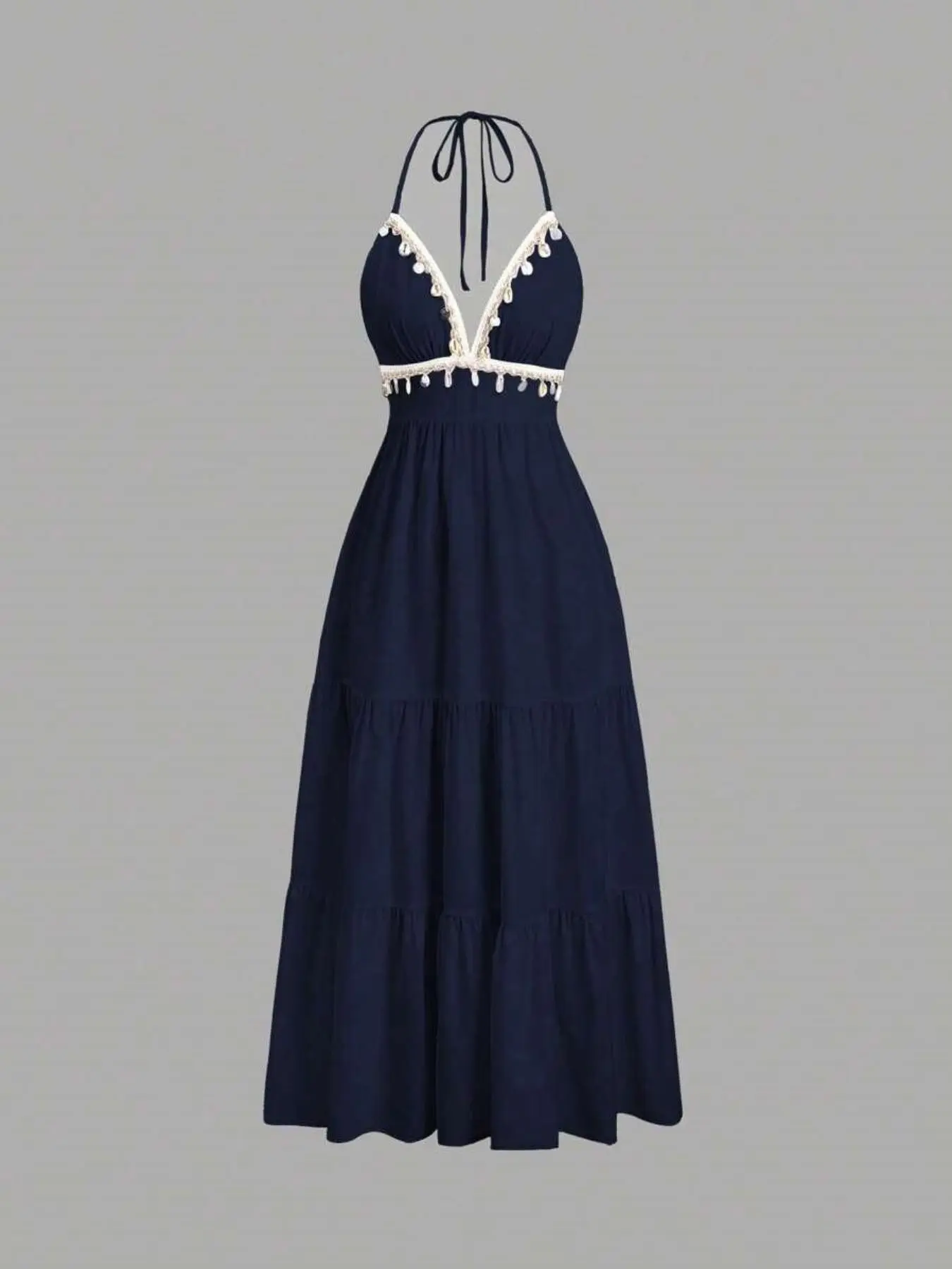 Women's Shell Decoration Adjustable Tie Waist Halter Neck Midi Dress, Elegant Mid-Length Dress with Shell Accents, Perfect for Casual, Formal & Special Occasions Style