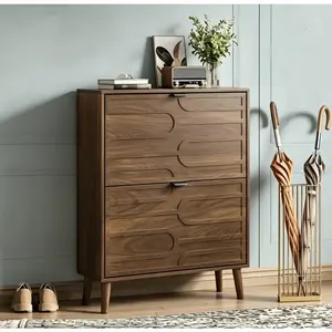 Medieval-Modern Fence Shoe Cabinet, 31.5-in Walnut Independent Shoe Storage with 2 Flip Drawers, Ideal for Corridors, Entrances