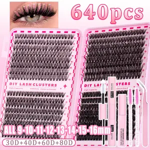 Lash Clusters Kit, 640 Pcs Eyelashes Clusters Extensions Kit 9-16mm Individual Lashes D Curl Fluffy Wispy False Eyelashes Thin Band, with Bond Seal Remove Tweezers Brush DIY Lash Tools (30D+40D+60D+80D Kit 9-16mm) Eyelash Extension Glue