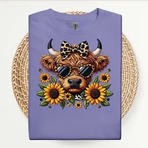 Highland Cow Sunflower T-Shirt - Adorable Design, Women's Top - Womenswear Comfort cute shirts for women