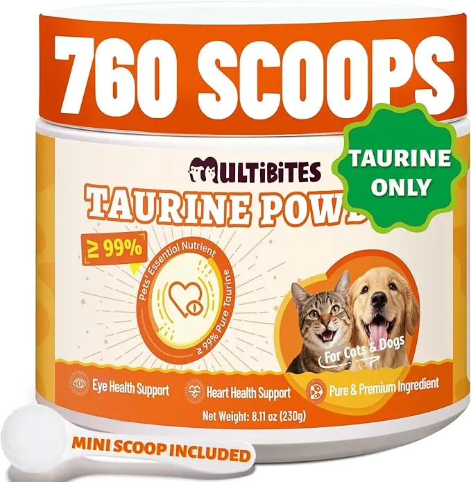 MultiBites 230g Taurine Powder – ≥99% High Purity, Approximately 760 Scoops. Supports Heart Function and Eye Health for Dogs and Cats. Chicken Flavor for Better Palatability – Pets Love It.