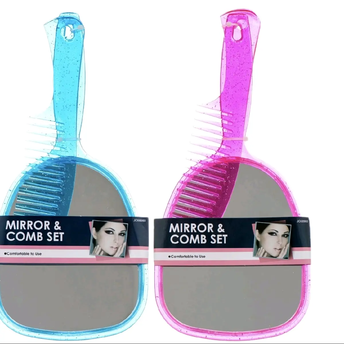 Handheld Mirror Set with Comb - Compact 6x5 Inches Mirror with 4.5-Inch Handle - 2-Piece Set in Blue and Pink