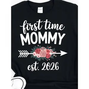 Women's First Time Mommy Est. 2026 Pregnancy Announcement T-Shirt - 100% Cotton Funny Mom-to-Be Gift with Floral & Footprint Design, Casual Round Neck Tee for Maternity Photos & Casual Attire, All-Season Comfort Fit,  double   Vintage Metalcore Graphic