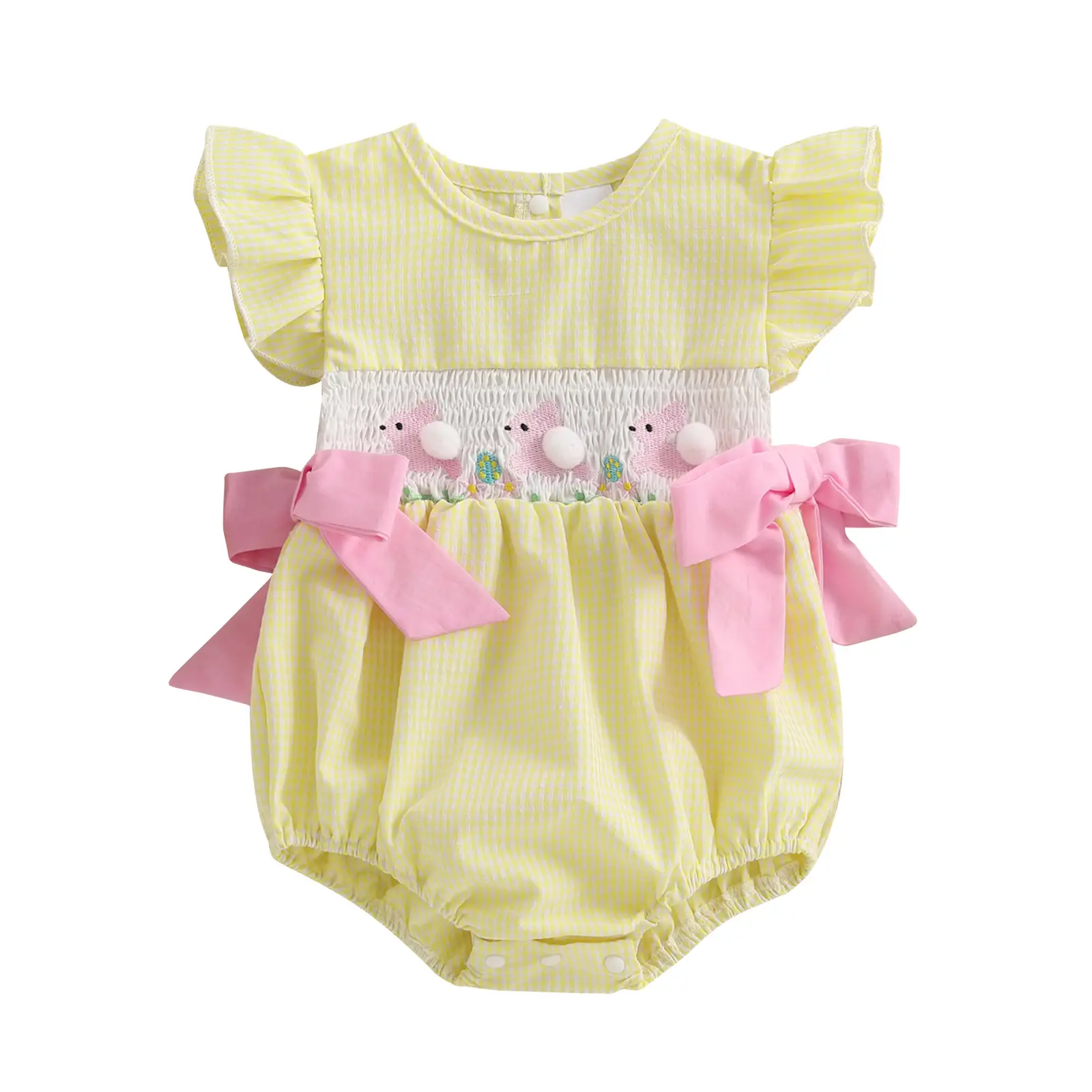 My First Easter Day Baby Girl Outfit Infant Plaid Bunny Bowknot Bubble Romper Rabbit Embroidery Pom-Pom Spring Summer Clothes #Springtok