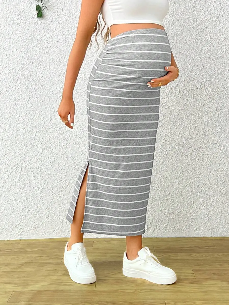 Stride x Maternity Casual High Waist Striped Long Skirt With Side Slit