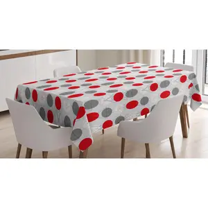 Mid Century Tablecloth, Big Circular Spots and Oval Shapes Combined the of Geometry, Rectangular Table Cover for Dining Room Kitchen Decor, 52" X 70", Grey Red White