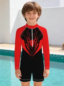 Boys' One-piece Swimsuit "Black and Red Spider Suit Style" Long Sleeve Sun Protection One-piece Swimsuit, High Elasticity, Quick Drying, and Sweat-free, Suitable for Pool Training / Playing in the Water at the Beach / Summer Outings with Different Styles