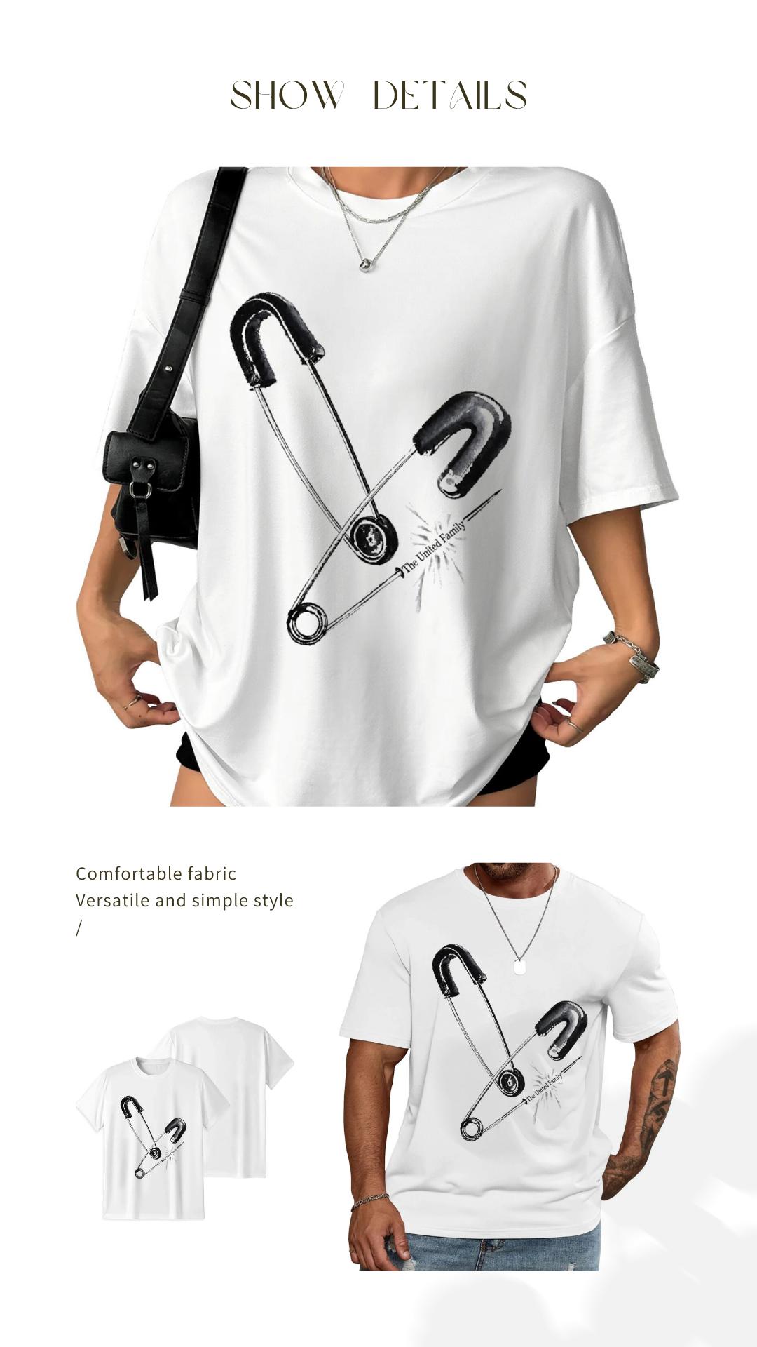 Unisex Safety Pin Graphic T-Shirt, The United Family Oversized Crew Neck Short Sleeve Casual Art Tee for Women and Men