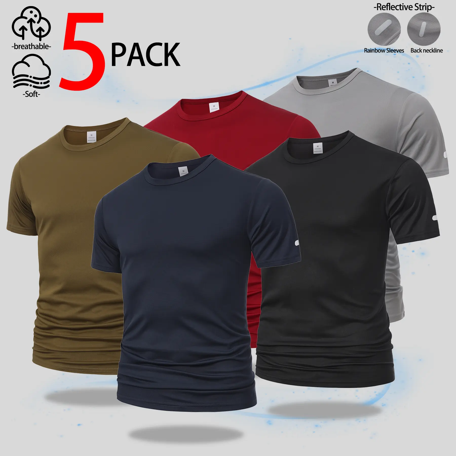 Men Quick Dry Performance T Shirt Pack Moisture Wicking Reflective Strip Athletic Gym Top Running Workout Gear Cycling Hiking Short Sleeve Breathable Tee High Visibility Sportswear Base Layer Training Set Lightweight Soft Touch Workout Gift for Him