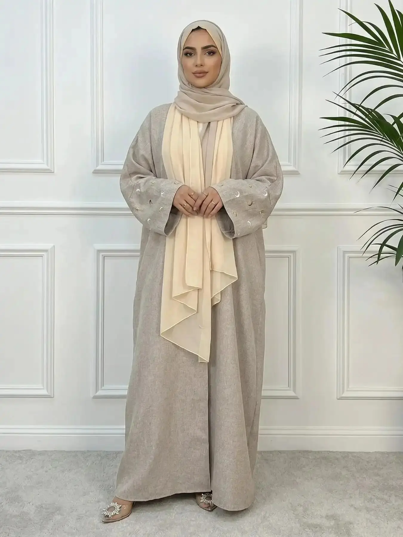 Arabic Clothing- Women's Moon Embroidery Abaya without Hijabs Loungewear Style, Summer Outfits 2026, Modest Casual Long Sleeve Open Front Muslim Islamic Clothing, Printed Sunny Days, Complete Look breezy go to
