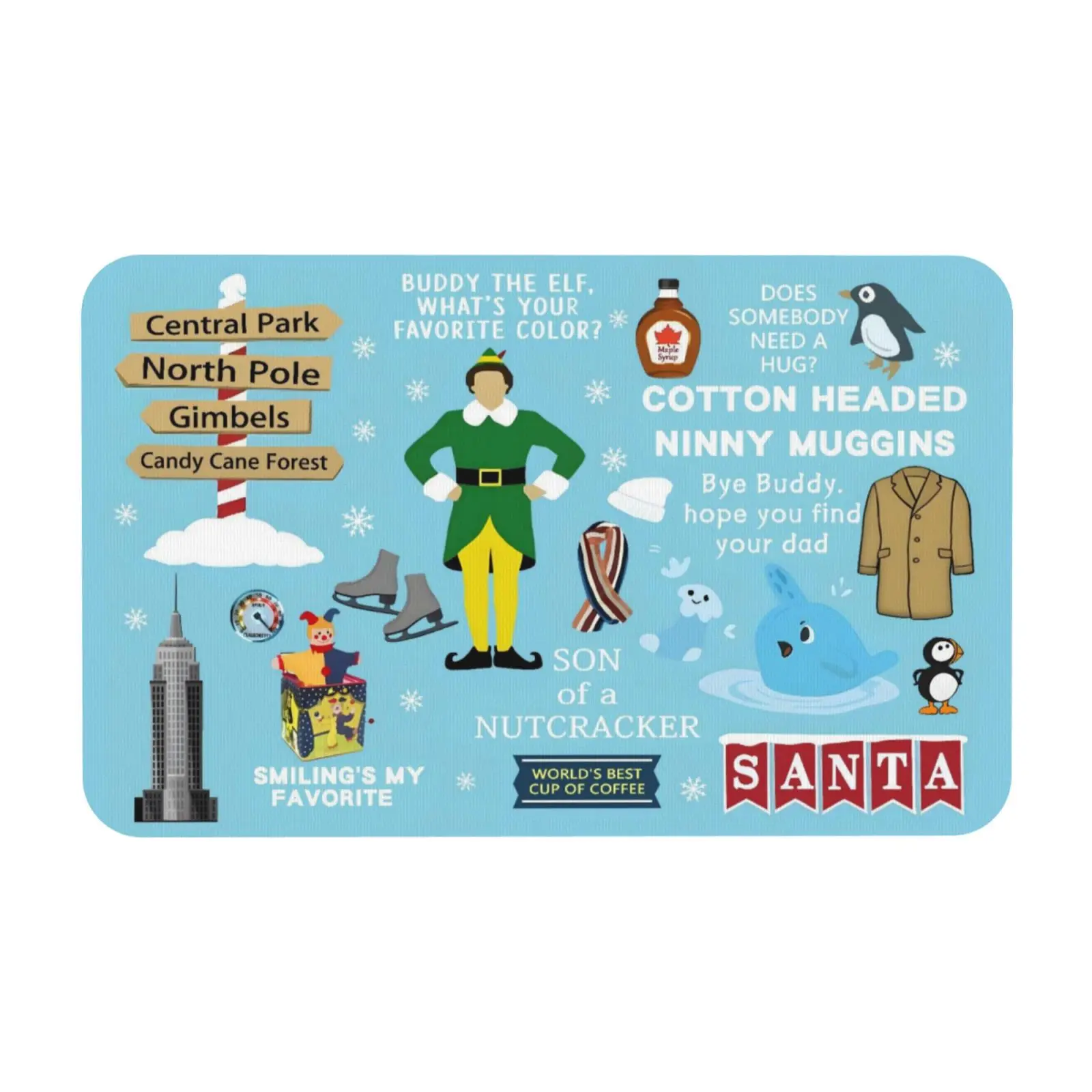 Christmas Movie Inspired Welcome Mat - Xmas Door Mat with Santa Spaghetti Snow, Penguins Non-Slip Indoor Entry Mat for Christmas Decor Movie Fans - Mat for Front Door, Living Room - Festive Holiday Decoration Perfect for Christmas Home Entrance Decor