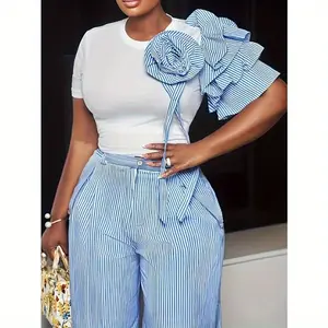 Flower pattern O-neck short-sleeved T-shirt and striped print wide-leg pants vacation two-piece trouser set