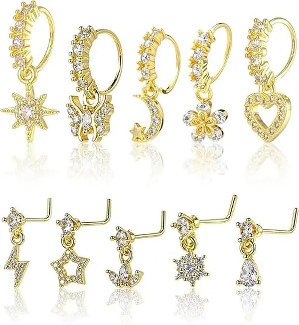 Halloween Fall Gift 10PCS Dangle Nose Ring Set for Women – Gold Tone L-Shaped Nose Stud & Hoop Collection with Heart, Star, Butterfly & Moon Charms | Cute Hanging Nose Piercing Jewelry for Cartilage & Everyday Wear