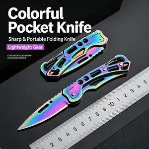 UFMUFM Colorful Folding Knife, Portable Multi-Purpose Fruit & Kitchen Tool, Compact Multi-Functional Stainless Steel Blade, Safe Lock Design, Palm-Sized, Backpack Clip, Eye-Catching Rainbow Coating - Block, Outdoor Multifunctional Tools, Portable Multipur