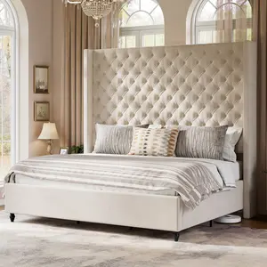 AMERLIFE Bed Frame with 63" Tall Headboard, Upholstered Wingback Platform Design, Handcrafted Pleats & Deep Button Tufted, Solid Wood Legs, No Box Spring Needed