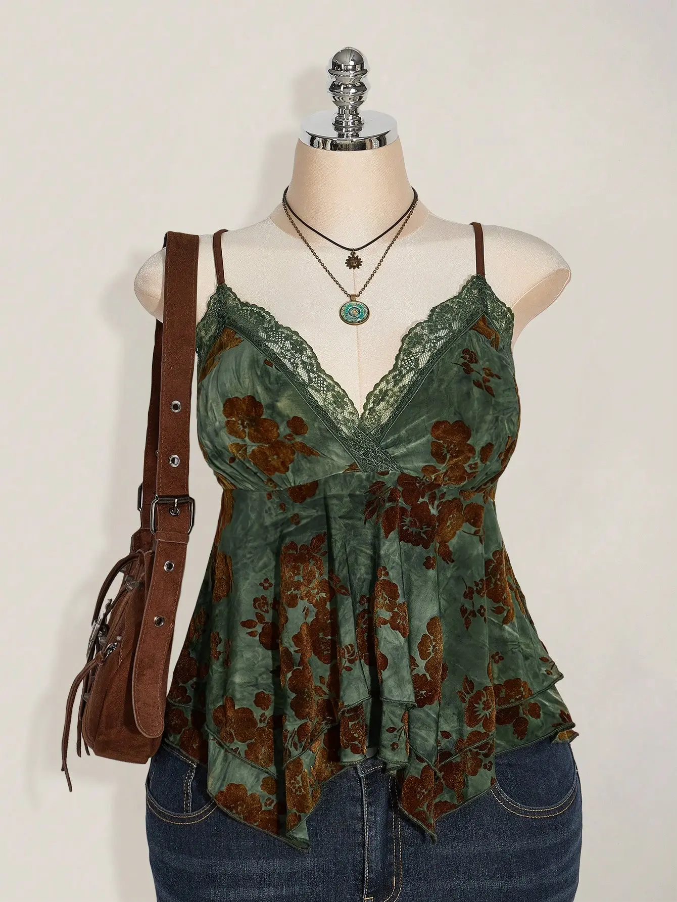 ICON Plus Size Hippie Women Lace Contrast Allover Print Asymmetric Hem Camisole Top, Suitable For Festival, Summer Vacation, Graduation Season And Back To School
