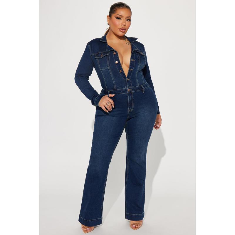 Day Dreaming Long Sleeve Denim Jumpsuit - Dark Denim