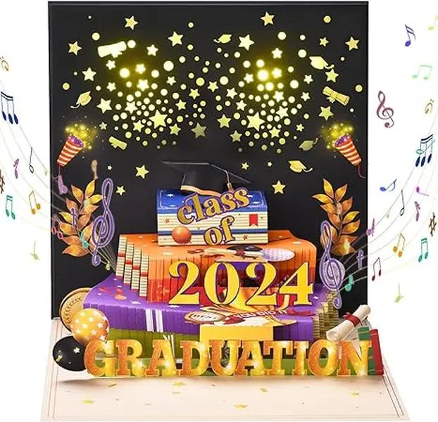 2024 Graduation Cards, 3D Pop Up Graduation Greeting Card with Lights and Music, Class of 2024 Congrats Card for College, High School, Congratulation Graduation Gifts for Son Daughter Grandson