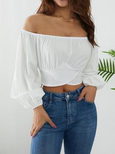 women's plain cut out tie back off shoulder bishop sleeve crop tee, casual long sleeve cropped top for summer, ladies clothes for daily wear, going out tops, tops for women, clothes for women, t shirts for women