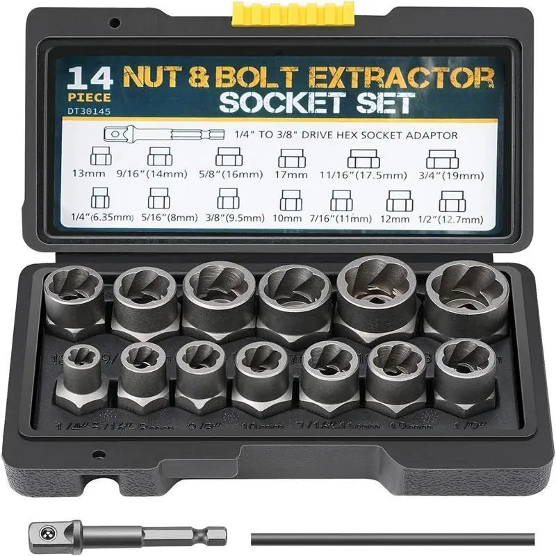 Impact Bolt & Nut Remover Set,13+1 Pieces Bolt Extractor Tool Set with Solid Storage Case,Extraction Socket Set for Removing Damaged,Frozen,Rusted,Rounded-Off Bolts,Nuts and Screws. Father's Day/Thanksgiving/Christmas—The Best Choice for Gifts