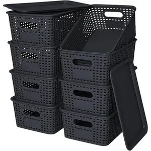 Plastic Storage Baskets with LidPlastic Storage Containers Stackable Storage bins: Storage Baskets for Organizing Shelves Drawers Desktop Closet Playroom Classroom Office 8PackBlack10.2x7.2x4.1Inch