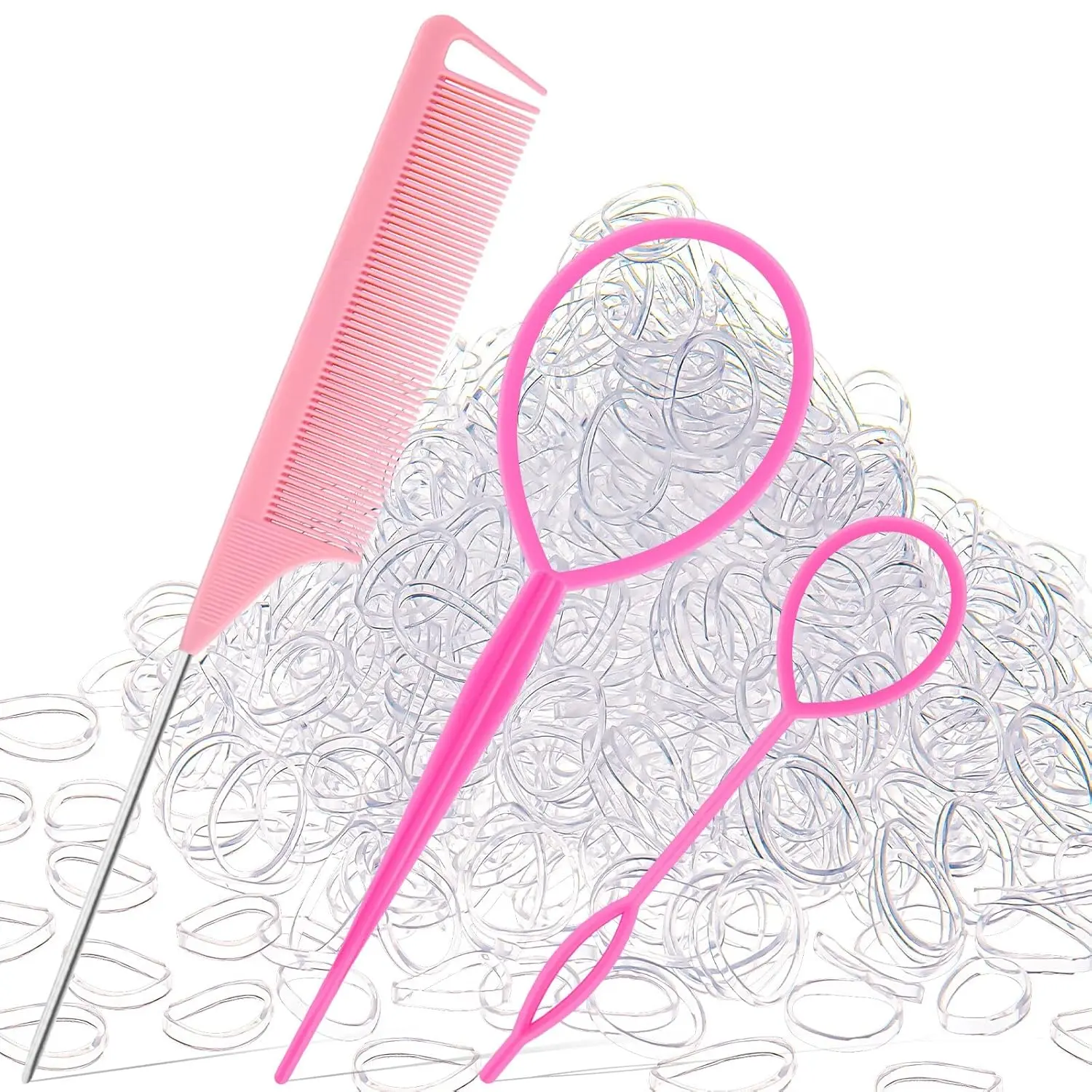 1000 count Hair Rubber Bands, Soft Small Hair Elastics for Girls and Women, 2 count Topsy Tail Tools, 1 Rat Tail Comb, Pink