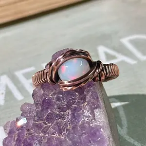 Ethiopian Opal Ring with Copper Wrapping - Unique Birthstone Jewelry, Comfortable Band, Cleaning Cloth Included, Adults