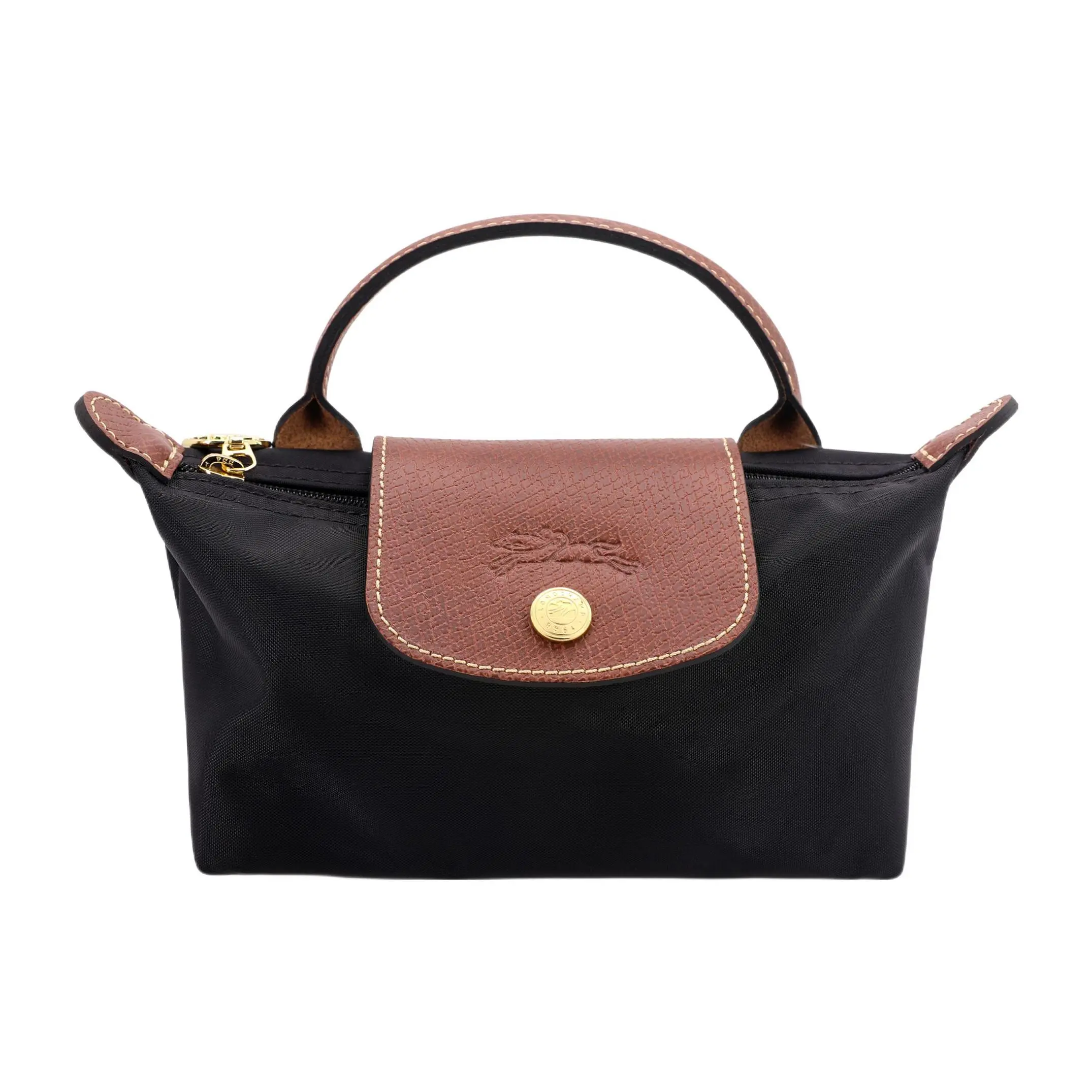 Women's Longchamp Le Pliage 17 Mini Handbag - Black Recycled Canvas with Leather Trim, Elegant Minimalist Commuter Purse, Elegant Minimalist Handbag