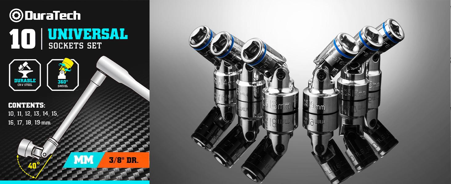 #fathersdaygift DURATECH 3/8" Drive Universal Joint Socket Set, Swivel Socket Set, 10-Piece, Metric, Size Covers 10-19mm, CR-V Steel, Organized in EVA Foam