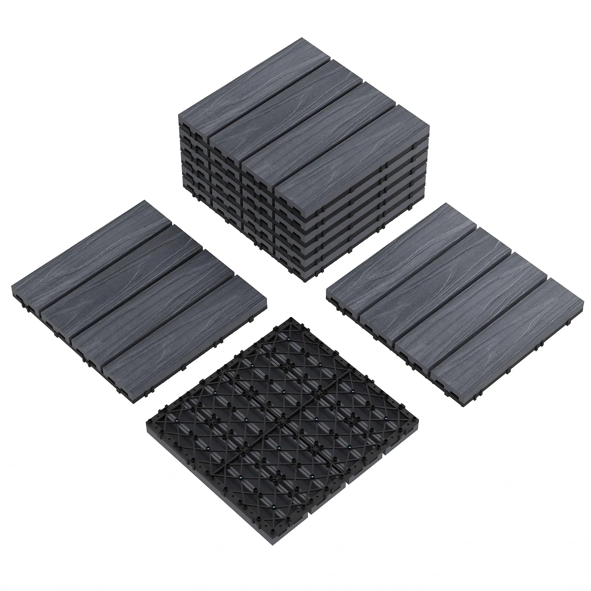 9-Pack Outdoor M-Shape Advanced Co-Extrusion Composite Deck Tiles, All-Weather Grey Wood Grain Modern Design, Slip-Proof, Waterproof, No Sanding, Quick Installation for DIY Weekenders
