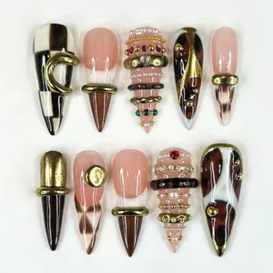 S280 Black Gold Luxe Press-On Nails, Chrome Metallic Tips with Stacked Ring Bands & Crystal Accents, Bold Statement Glam, Custom Handmade, Solana Nails Town