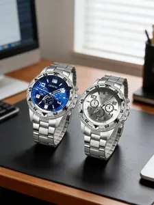 2-piece blue light glass men's business watch with steel strip and quartz watch, multifunctional digital scale three eye watch, High End Watch