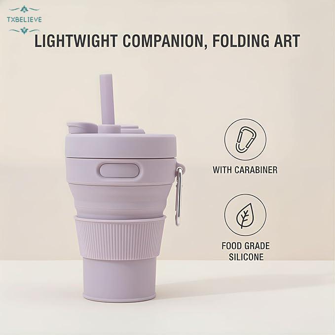 Silicone Coffee Mug Collapsible Cups for Camping Folding Travel with Straw Reusable Portable Drinking Cups Outdoor Hiking 450ml (Green-450ml, 1)