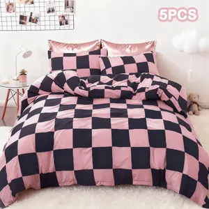 Chessboard Pattern Duvet Cover Set, 5-Piece Teen Bedding Set with Zipper Closure, Perfect Bedroom Decoration.