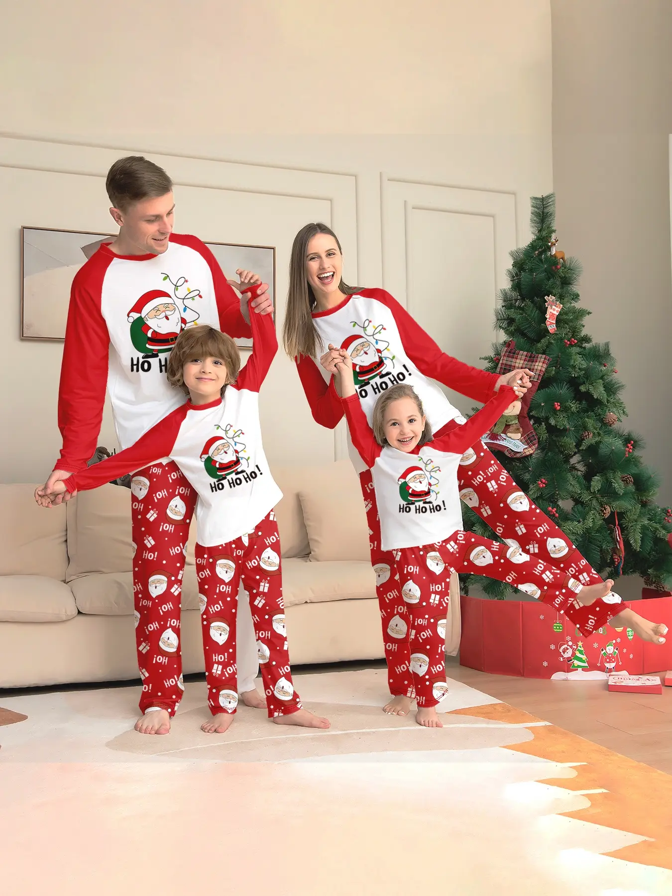 Christmas Santa Claus Set, & Cartoon Print, Long Sleeve Fitted Top & Pants, Unisex Casual Home Wear, All Seasons