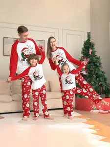Christmas Santa Claus Set, & Cartoon Print, Long Sleeve Fitted Top & Pants, Unisex Casual Home Wear, All Seasons