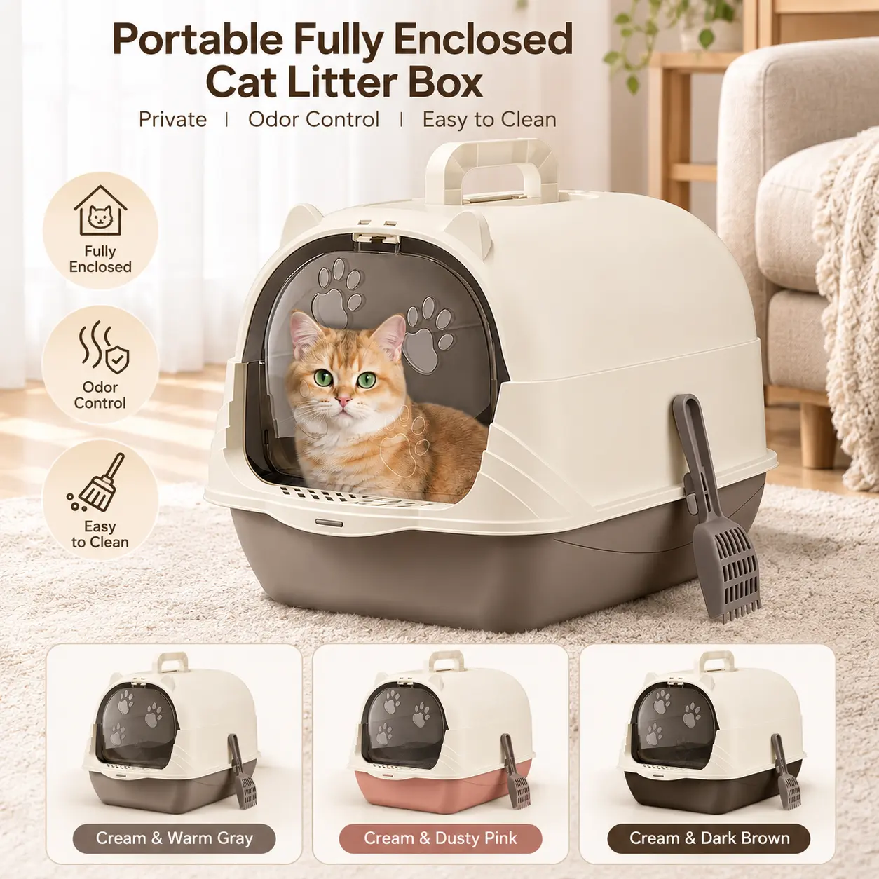 Portable Enclosed Cat Litter Box with Carry Handle, Top-Open Design & Litter Filter Step
