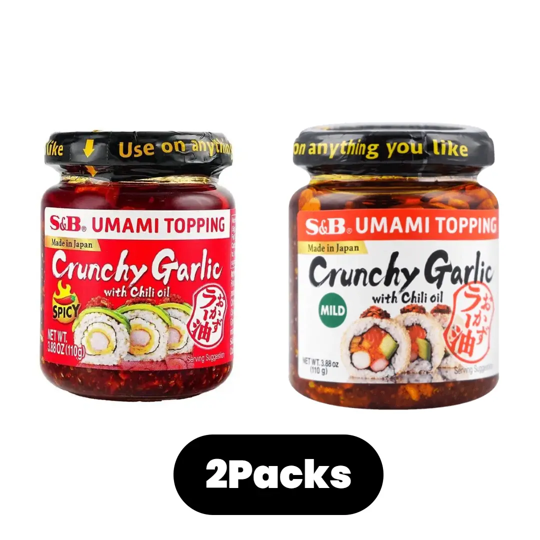 S&B 2-Pack Japanese Umami Topping Crunchy Garlic with Chili Oil Spicy & Mild 7.76oz Total Sauce for Rice Noodles & More
