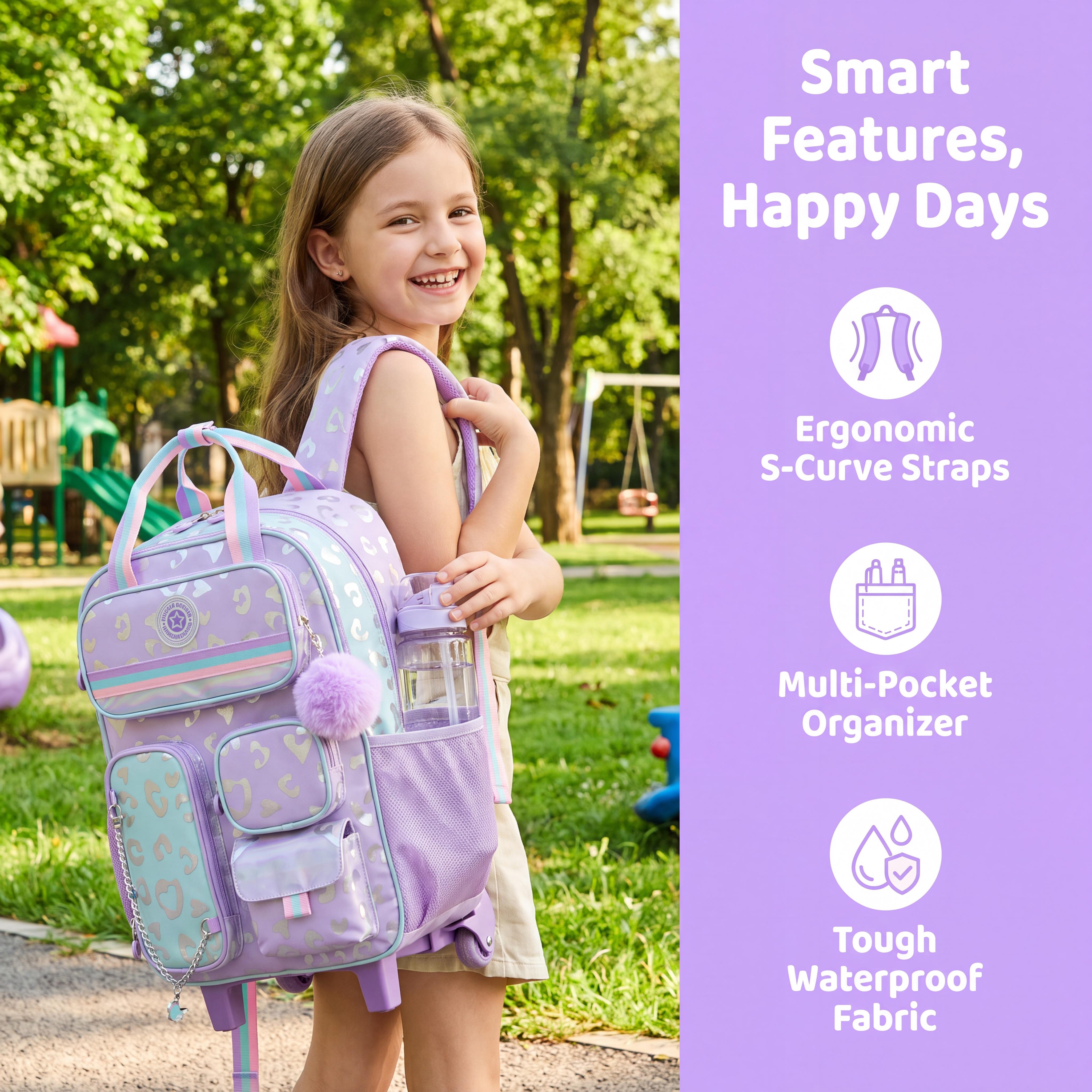 Lavender Purple 3-Piece Rolling Backpack Set for School Use - Polyester Preppy Holiday Trolley Bookbag with Metallic Leopard Heart Print, Multi-Pocket Utility Pouches, Purple Pom Pom, Insulated Lunch Bag & Pencil Case Lavender Purple 3-Piece Rolling Backpack Set for School Use - Polyester Preppy Holiday Trolley Bookbag with Metallic Leopard Heart Print, Multi-Pocket Utility Pouches, Purple Pom Pom, Insulated Lunch Bag & Pencil Case