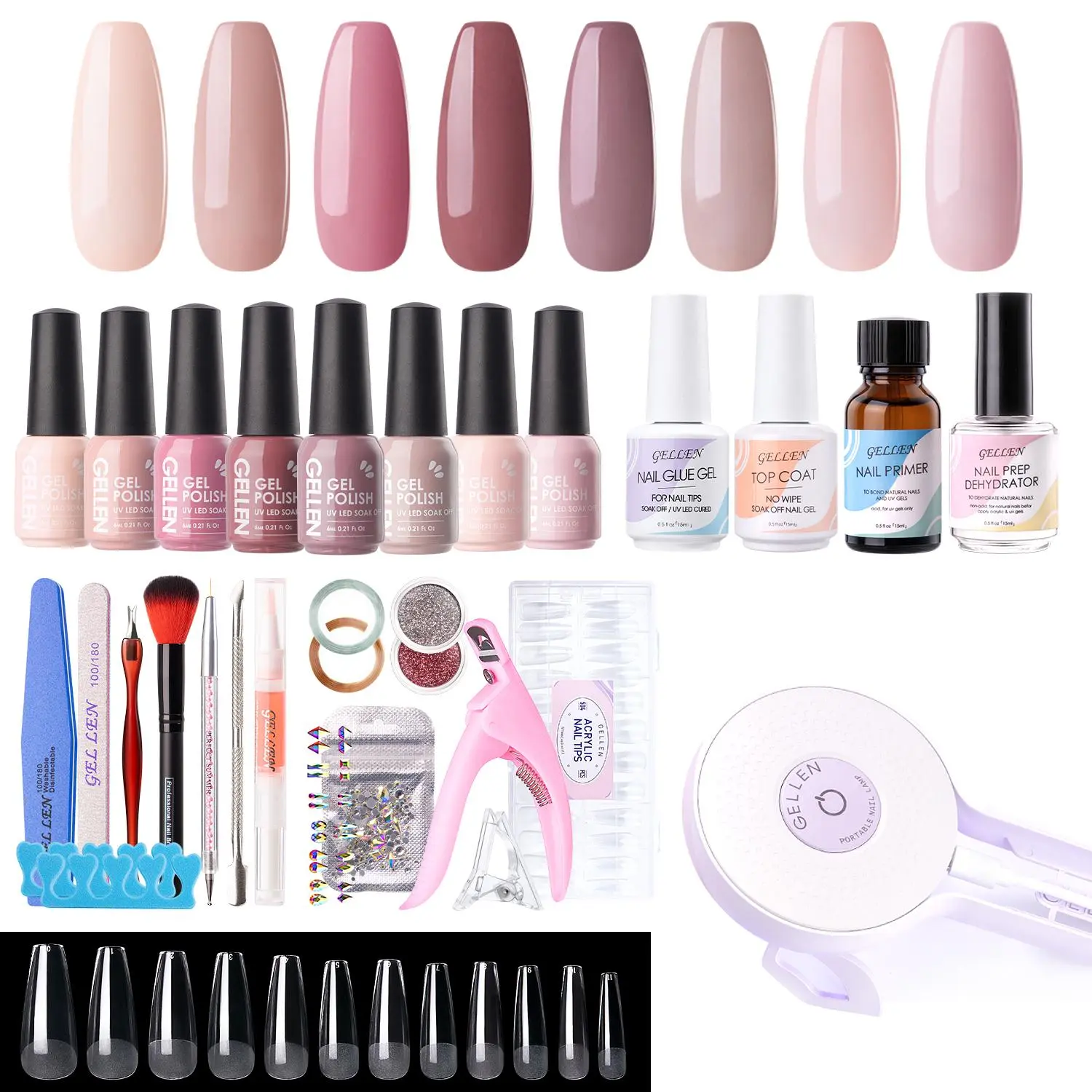 Gellen Gel Nail Polish Kit with UV Light – 8 Pink Nude Colors for Autumn Christmas, 504 Coffin Nail Tips, 36W Nail Lamp & Manicure Tools