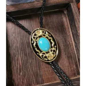 Floral Turquoise Bolo Tie Necklace with 38" Adjustable PU Leather Rope - Handcrafted Western Boho Jewelry for Cowboy & Bride, Gift Accessory
