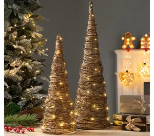 Glitzhome Lighted Rattan Christmas Table Tree Dcor S/2